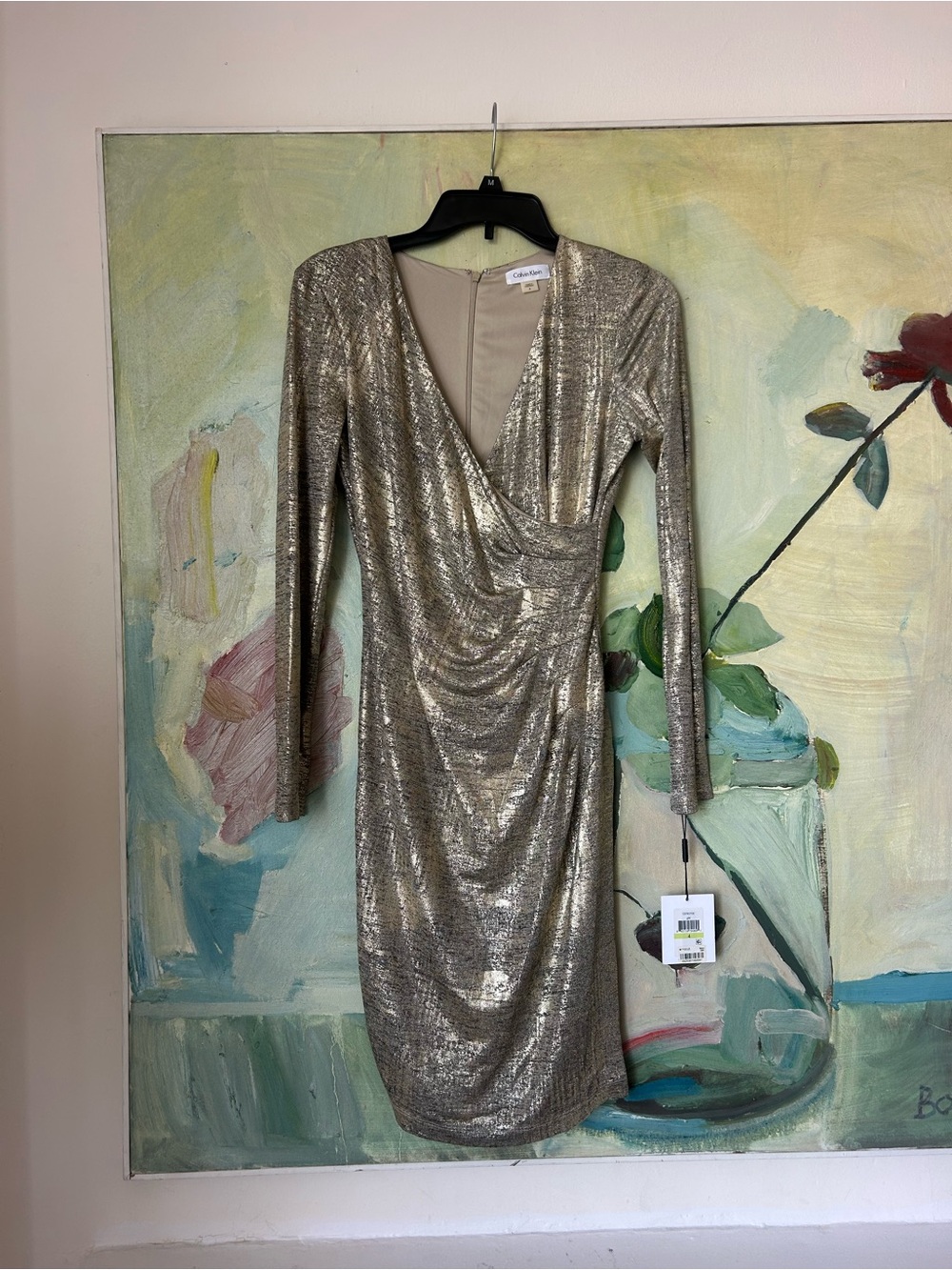 Calvin Klein Metallic Gold Long Sleeve Wrap-Style Dress